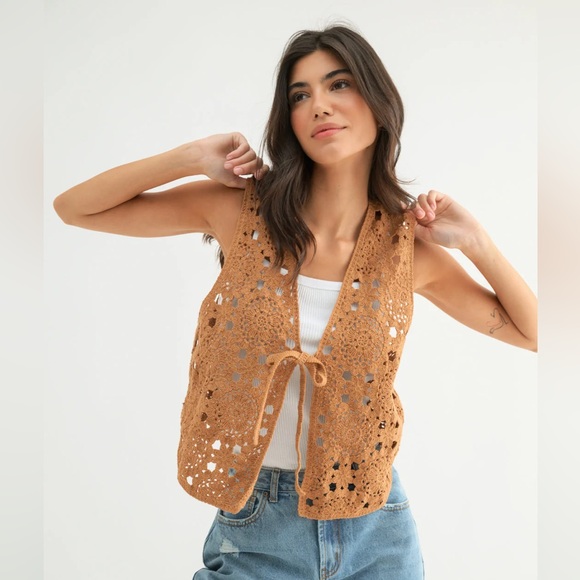 Ocean State of Mind Jackets & Blazers - Ocean State of Mind Crochet Vest Camel Size S/M